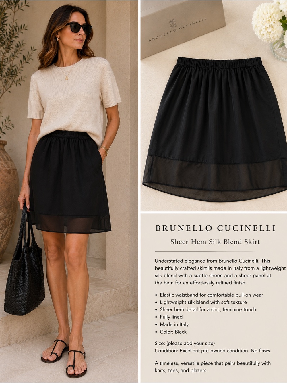 Brunello Cucinelli Black Sheer-Hem Silk-Blend High-Low Skirt
